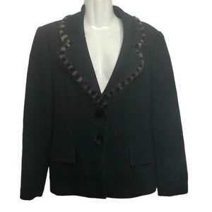 Ming Liu Wool Blazer Black Brown Rabbit Fur Trim Pom Pom Buttons